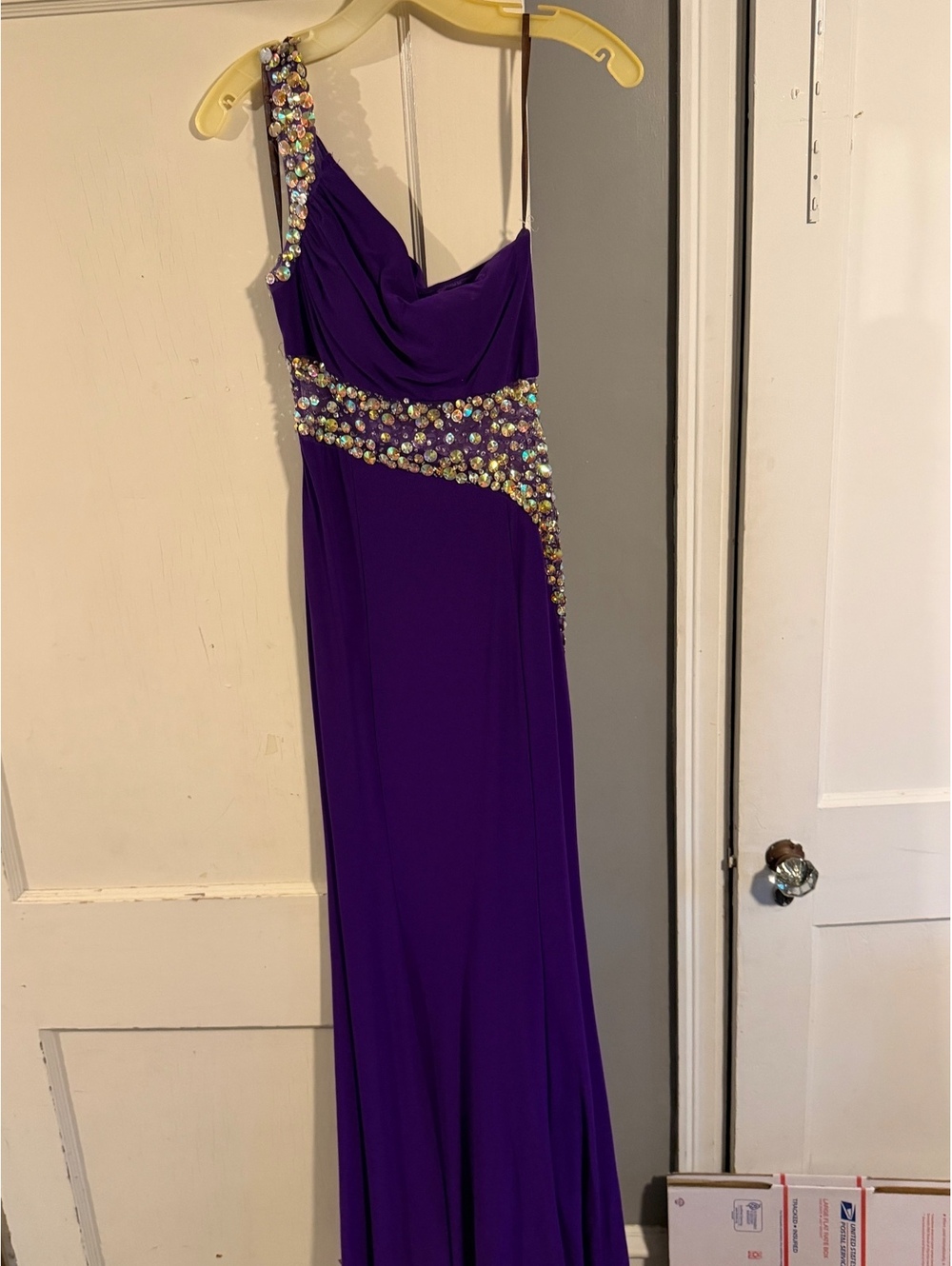 Camille La Vie Purple One-Shoulder Evening Gown with Sequin Embellishments Size
